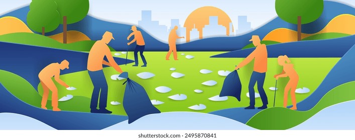 People cleaning park environment teamwork landscape paper cut style