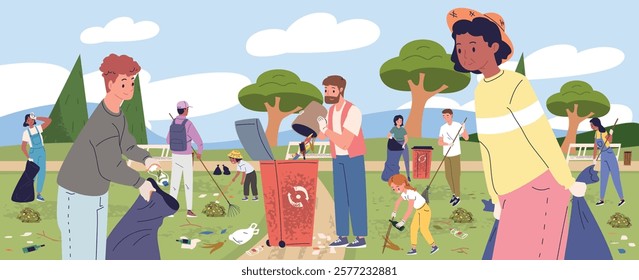 People cleaning park. Volunteers clean up city park, neighborhood community collect trash in plastic bag pick garbage together cleanup litter outdoor, classy vector illustration original artwork