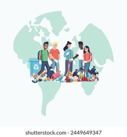 People are cleaning up planet from garbage. Waste recycling. World Environment Day. Save the planet. Earth Day concept. Flat style vector illustration