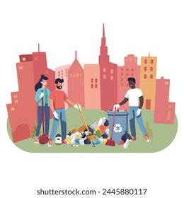 People are cleaning up planet from garbage. World Environment Day. Save the planet. Earth Day concept. Flat style vector illustration