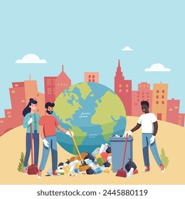 People are cleaning up planet from garbage. World Environment Day. Save the planet. Earth Day concept. Flat style vector illustration