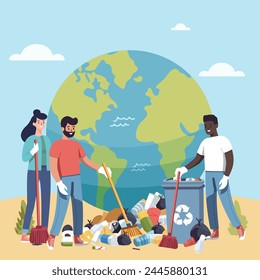 People are cleaning up planet from garbage. World Environment Day. Save the planet. Earth Day concept. Flat style vector illustration