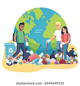 People are cleaning up planet from garbage. World Environment Day. Save the planet. Earth Day concept. Flat style vector illustration