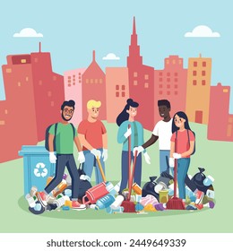 People are cleaning up planet from garbage. World Environment Day. Save the planet. Earth Day concept. Flat style vector illustration
