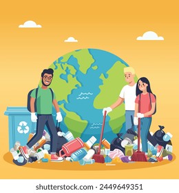 People are cleaning up planet from garbage. World Environment Day. Save the planet. Earth Day concept. Flat style vector illustration