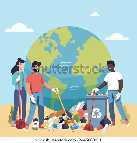 People are cleaning up planet from garbage. World Environment Day. Save the planet. Earth Day concept. Flat style vector illustration