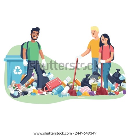 People are cleaning up planet from garbage. World Environment Day. Save the planet. Earth Day concept. Flat style vector illustration