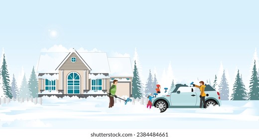 People cleaning road from snow. Happy family with shovels and mops outdoor with buried car. Street cleaning in winter season. Characters at backyard. Cartoon flat vector illustration.