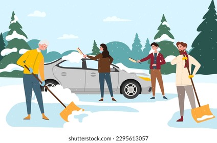 People cleaning road from snow. Men and women with shovels and mops outdoor with burried car. Street cleaning in winter season. Characters at backyard. Cartoon flat vector illustration