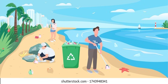 People Cleaning Sandy Beach Flat Color Vector Illustration. Polluted Seashore Clean Up. Volunteers Collecting Garbage 2D Cartoon Character With Ocean And Tropical Palm Trees On Background