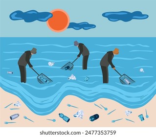 Personas limpiando el mar y recoge la basura del agua con una red. Voluntario contaminó la limpieza del agua del océano. La persona está sacando basura y desechos del lago. Vector Urbana de contaminación ecológica