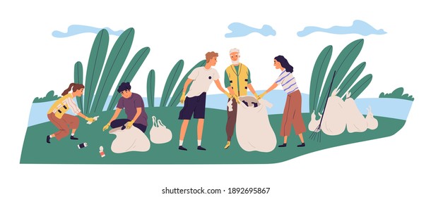 People cleaning shore by collecting garbage into trash bags. Family of eco volunteers working together and picking plastic litter. Parents and children care about nature. Flat vector illustration