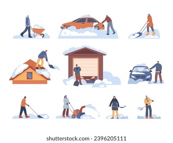 People cleaning snow. Men and women clean cars, roofs and street with shovels. Snowy time in city and suburb, seasonal activity kicky vector scenes