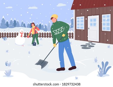 People cleaning snow outside the house flat color vector illustration. Outside activity. Creating snowman. Lovely couple 2D cartoon characters with forest covered with snow on background