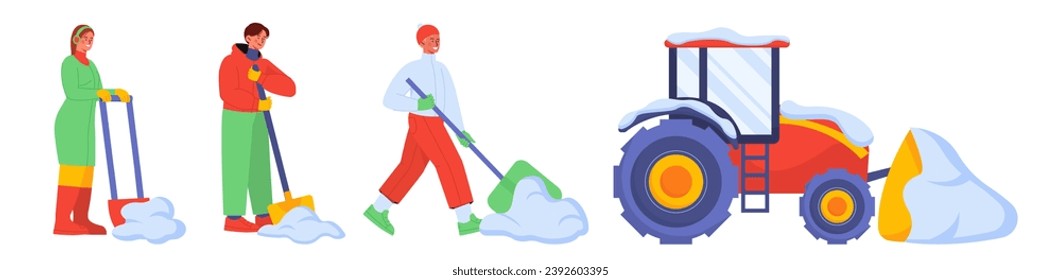People cleaning snow set. Men and woman with shovels near red tractor. Citizens clean streets in winter season and snowy weather. Cartoon flat vector collection isolated on white background