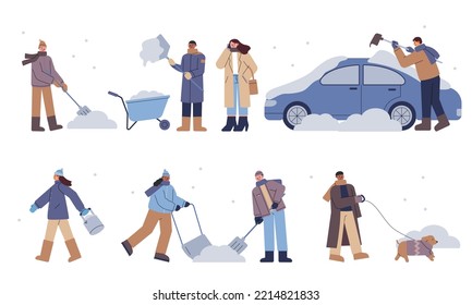 People are cleaning snow with shovels on a snowy street. flat vector illustration.