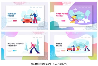 People Cleaning Street and Car from Snow after Blizzard Website Landing Page Set. Wintertime Activity. Holidays Season Recreation and Outdoors Work Web Page Banner. Cartoon Flat Vector Illustration