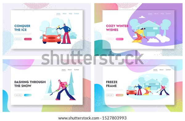 People Cleaning Street and Car from Snow\
after Blizzard Website Landing Page Set. Wintertime Activity.\
Holidays Season Recreation and Outdoors Work Web Page Banner.\
Cartoon Flat Vector\
Illustration