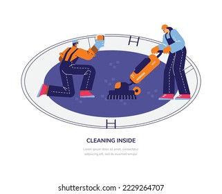 People cleaning swimming pool from inside, flat vector illustration isolated on white background. Professional swimming pool maintenance service. Man washing walls with sponge, woman vacuuming floor.