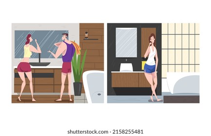 People cleaning teeth in bathroom set. Everyday hygienic procedure vector illustration