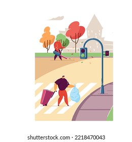 People cleaning up trash on city streets. Sprinkler sweeper collector washing road, female janitor sweeping leaves, man carrying bin with garbage flat vector illustration. Volunteer clean up concept