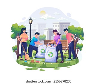 People Are Cleaning Up Trash In The Park On World Environment Day. Save The Planet. Earth Day Concept. Flat Style Vector Illustration