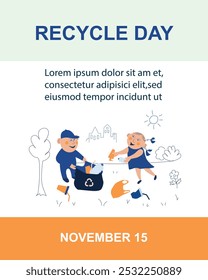 People are cleaning up trash in park.Concept of plastic recycling.Banner,poster,social media. Recycle  Day. Vector illustration in a flat style 