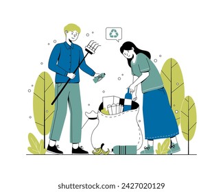 People are cleaning up trash, Save the planet. Earth Day concept. World Environment Day illustration