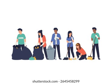 People cleaning up trash and sweeping together