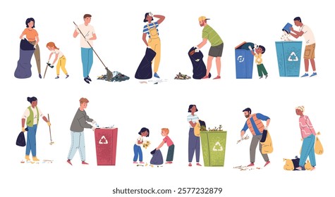 People cleaning trash. Volunteers community clean up garbage, man woman children collect litter in rubbish bag waste can volunteer work cleanup help, classy vector illustration original artwork