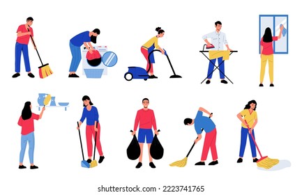 People cleaning up. Cartoon abstract characters doing housework ironing washing window, vacuuming, making bed. Vector housekeeping set. Man and woman doing household chores, domestic activities