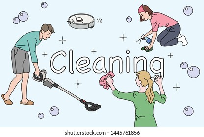 People cleaning with various cleaning tools. hand drawn style vector design illustrations. 