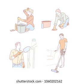 People cleaning in various ways. hand drawn style vector doodle design illustrations.