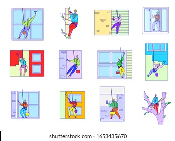 People cleaning windows from outside, building facade renovation worker, vector illustration. Dangerous job, man painting wall of skyscraper and cutting tree. Isolated cartoon characters in flat style