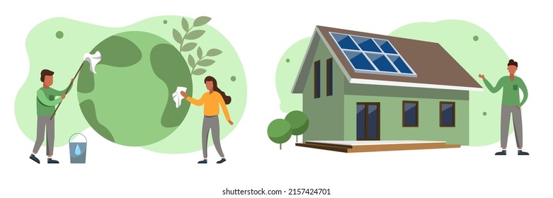 people cleanse the planet Earth from pollution. The guy shows the concept of an electricity-independent house with solar panels. Conscious modern society