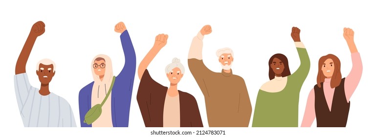 Gente con los puños apretados, manos levantadas en protesta. Multitud luchando por el empoderamiento. Diverso movimiento grupal. Activistas en huelga. Ilustración vectorial gráfica plana aislada en fondo blanco