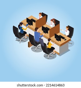 People clients in bank office - Bank teller servicing customers isometric 3d vector illustration concept for banner, website, illustration, landing page, flyer, etc.