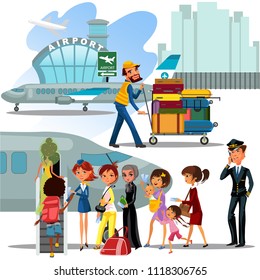 People climb ladder aboard plane, landing men and women on airplane at airport vector illustration, passengers with bags suitcase sut go up stairs to aircraft, Man carries trolley luggage for loading