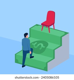 people climb a ladder of money to a chair, a metaphor for the corruption of office. Simple flat conceptual illustration. drain