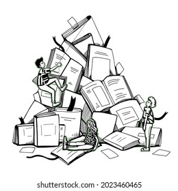 people climb the mountain from the books. cute graphic flat modern illustration about the difficulty of studying in school, college or university. black and white hand drawn sketch.
