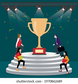 People climb on stairs to golden cup, business competitive concept. Businessman going to achievement, illustration or leadership competition, manager rise challenge vector