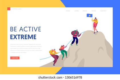 People Climb Rock Mountain to Victory Top Flag Landing Page. Sport Adventure Challenge Aim for Trekking Character with Backpack. Alpinist Target Website or Web Page. Flat Cartoon Vector Illustration
