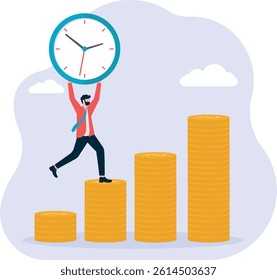 People climb the stairs of time and money, metaphors from time management. Simple flat conceptual illustration.

