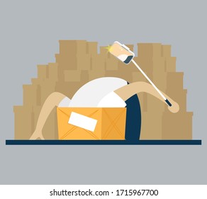 The people climbed his head into the package and shoots video on phone . Color vector flat cartoon icon. Concept for blogger.