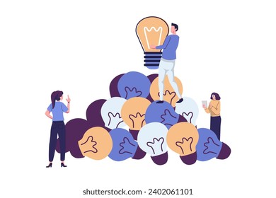 people climbed up on extinct light bulbs symbol searching ideas flat style illustration vector design