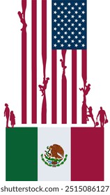 Las Personas están escalando una bandera estadounidense y comenzaron su viaje desde una bandera mexicana en una ilustración en 3D sobre la inmigración a Estados Unidos.