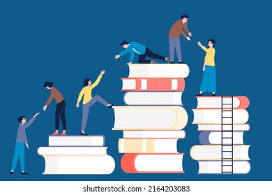 People climbing books. Knowledge base strategy of business development. Goal achievement, teamwork and support in education. Book pile recent vector scene