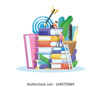 People climbing books. Level of education concept, Student walking education stairs, Metaphor success studding. Vector illustration in flat style