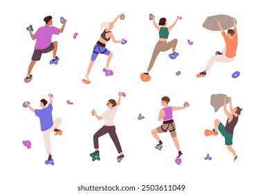 People climbing up in bouldering park, indoor. Climbers training on artificial mountain wall with stones. Men and women mountaineering in gym. Flat isolated vector illustrations on white background