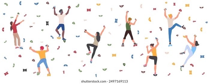 People climbing up in bouldering park. Men and women athletes climb up artificial mountain with ledges and rocks. Characters doing extreme sports. Flat vector illustration set isolated on background
